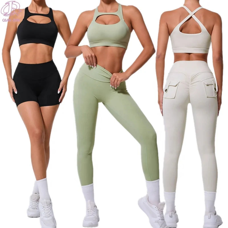2024 Wholesale Women's Activewear High Waist Sports Shorts 3pcs Workout Yoga Set for Women Breathable Quick Dry Solid Pattern