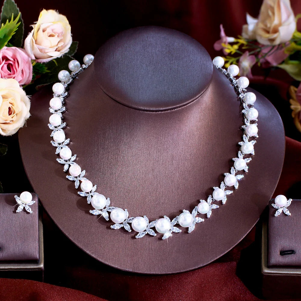 Dazzling Cubic Zirconia Stone Necklace and Earrings Big Imitation Pearl Jewelry Set for Women Wedding Bridal Dress Accessories