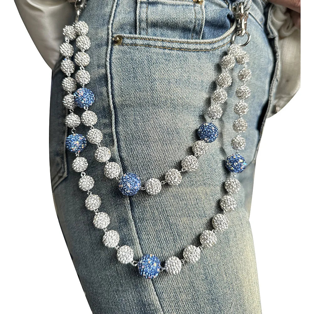 Custom 12+16mm Disco Ball Beaded Layered Pendant Bag Jeans Pant Pocket Belt Chains Rhinestone Beads Wallet Chain for Men Woman