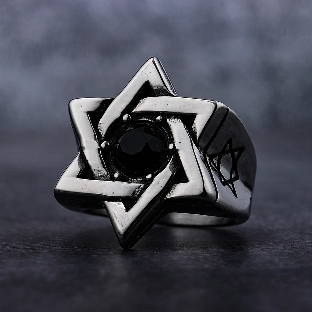 Vintage Mens Religious Chrisitian Judaism Ring Stainless Steel Gemstone Black Zirconia Star of David Hexagram Signet Ring Party