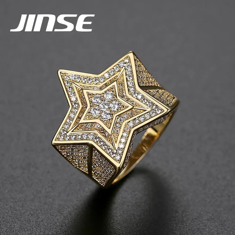 JINSE Hip Hop Five Star Rings Men's Gold Silver Color Iced Out Cubic Zircon Brass Jewelry Ring Gifts