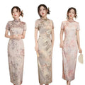 RNSHANGER Vintage Oversize Qipao Women's Traditional Chinese Cheongsam in Satin Floral Print Floral Vestidos in Chinese Style