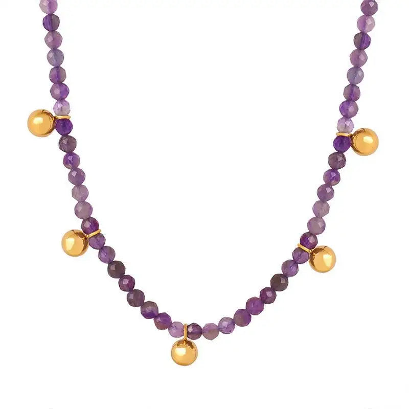 Personality Natural Stone Purple Beaded Handmade Necklace Stainless Steel Gold Steel Chain Jewelry Women Maillard Accessories