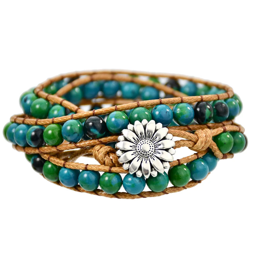 Wholesale Multi Layer Braid Woven Bracelet Leather Bracelet Sunflower Chrysocolla Bracelet for Women