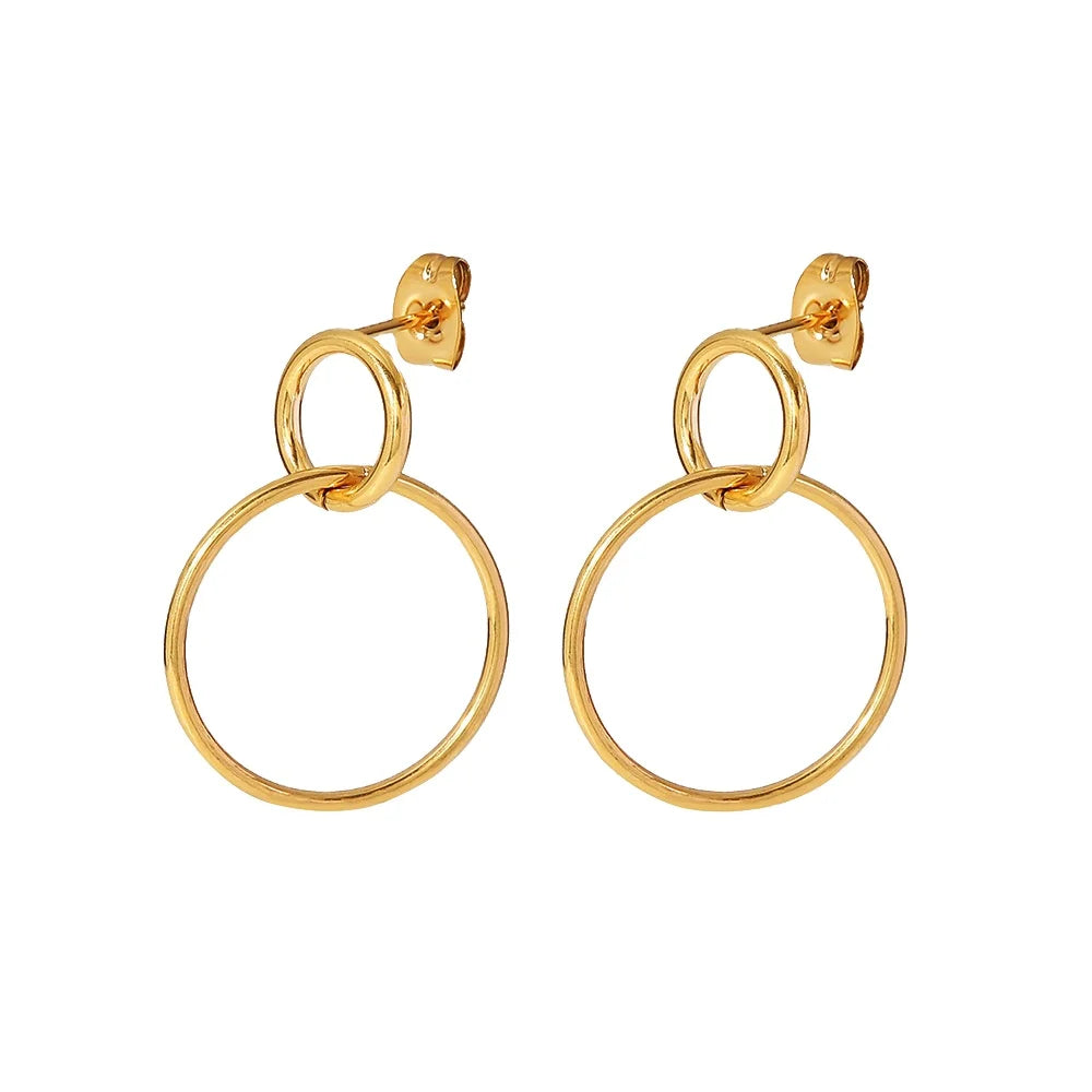 Stainless Steel 18K Gold Plated Double Circle Ring Staggered Fashion Hoop Jewelry Earring for Women Girls