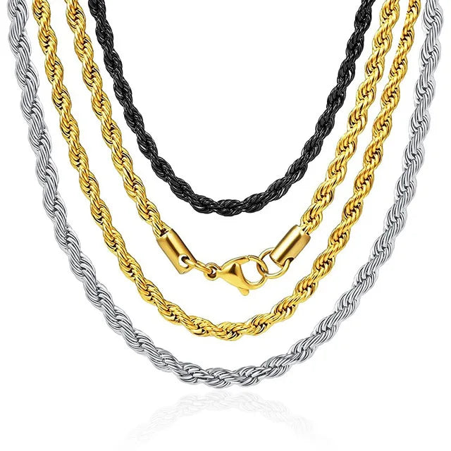 Hip Hop Twisted Chain Jewelry 18K Gold Stainless Steel 2mm 3mm Link Chain Rope Chain Necklace for Women Men