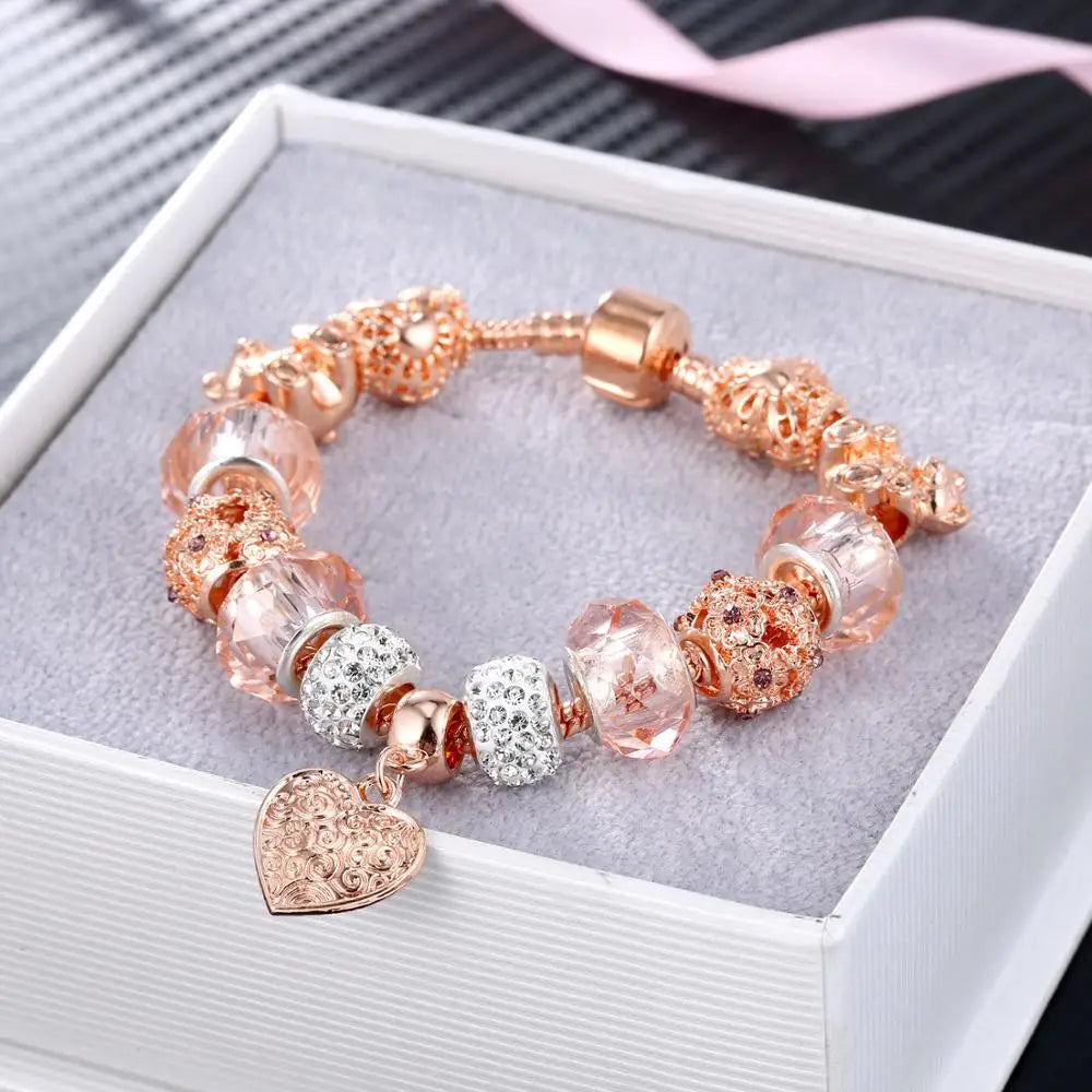 New Arrival Exquisite Design Austrian Crystal Beads Bracelets Rose Gold Plated Heart Charm Bracelets for Women Party