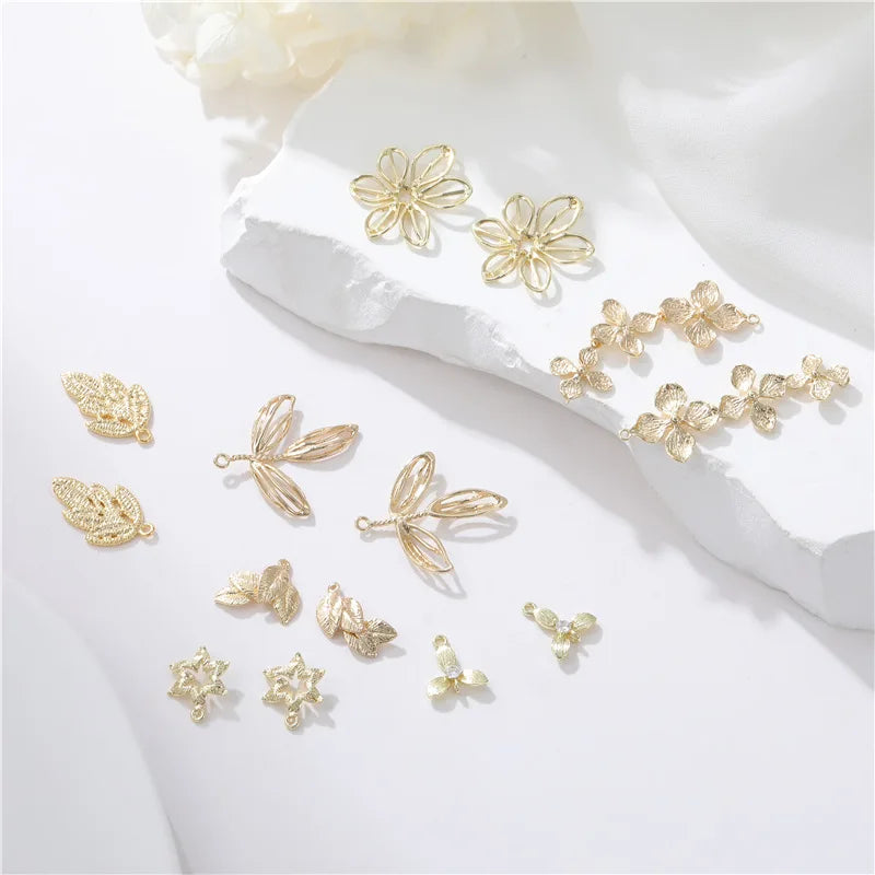 Wholesale Trendy Brass Zircon Leaf Flower Pendant Connector 14K Gold Plated DIY Jewelry Making Accessories