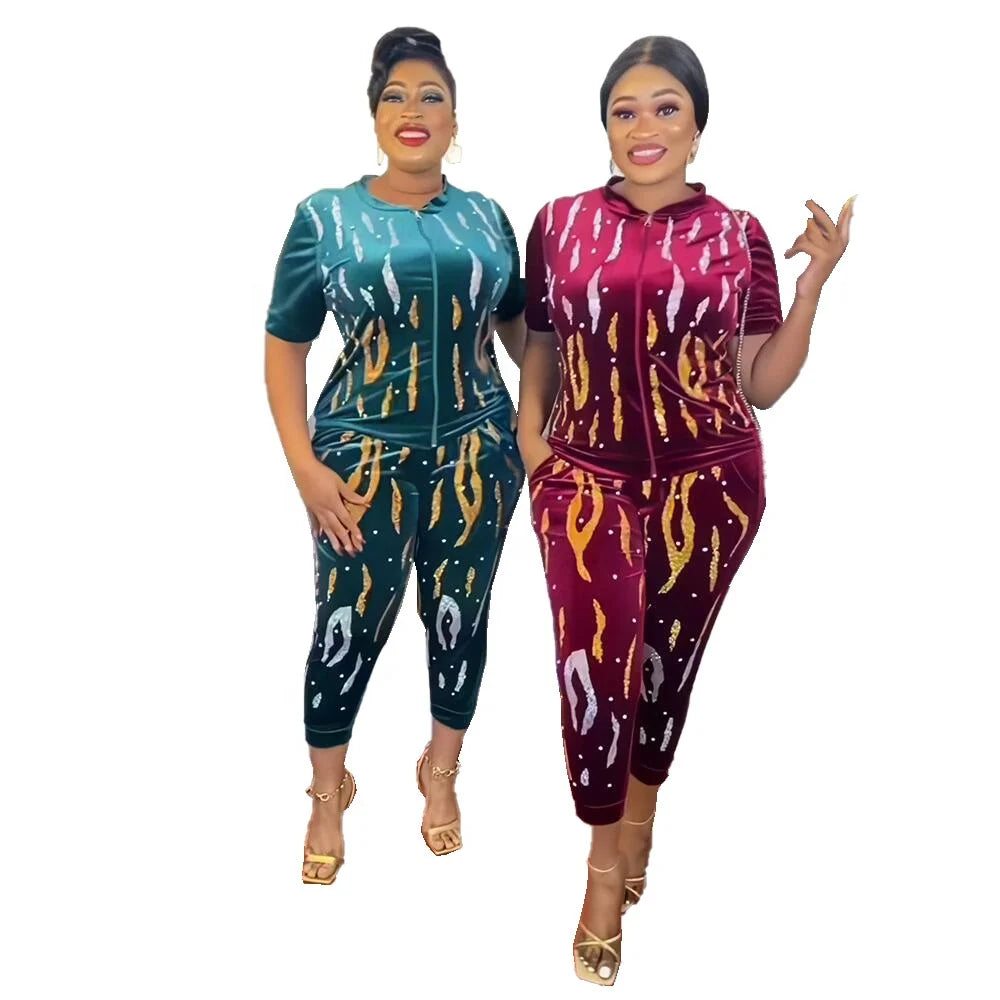 Best African Dress Designs Velvet African Clothing Luxury Rhinestones Two Piece Set Women Clothing
