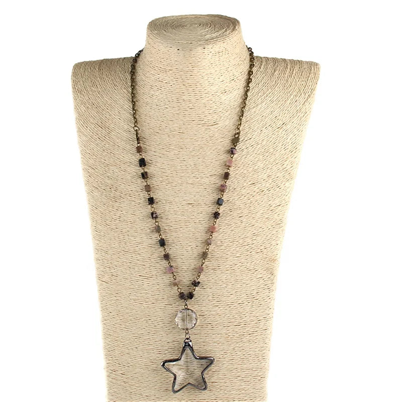 Fashion Beautiful Handmade Jewelry Natural Stone Rosary Chain Gun Plated Chain Glass Pendant Star Four Leaf Clover Necklaces