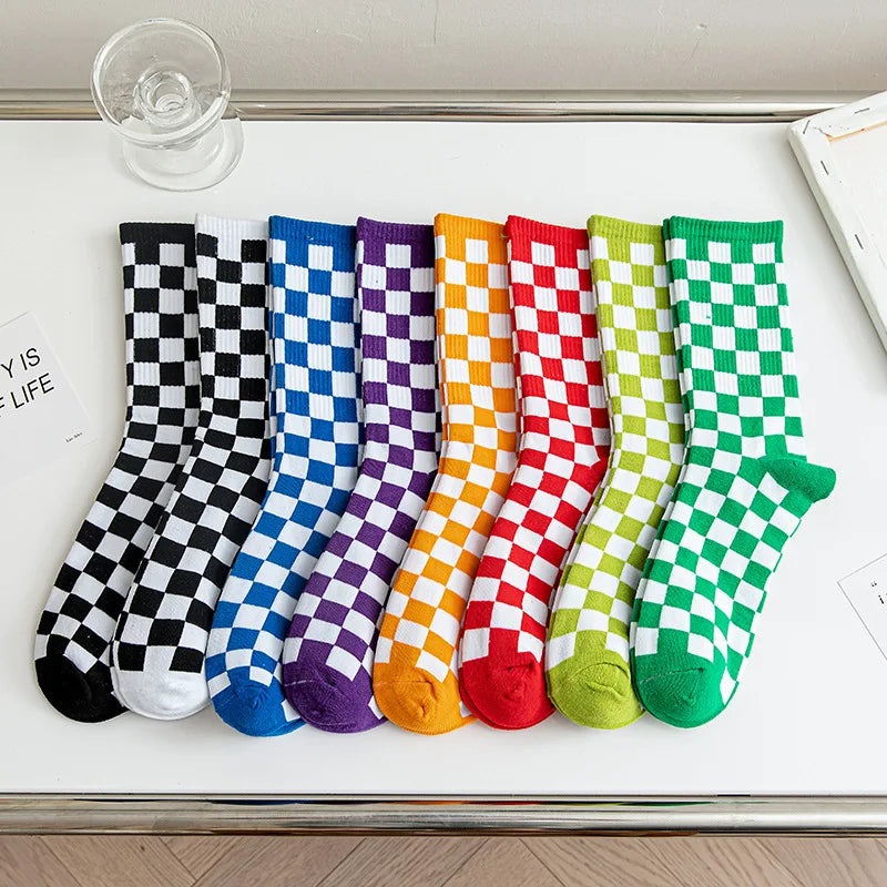 HF Winter Women's Crew-Length Socks Checkered Print Cotton Multi-Color Grid Stripe Anti-Slip Feature Daily Use Digital Cuff