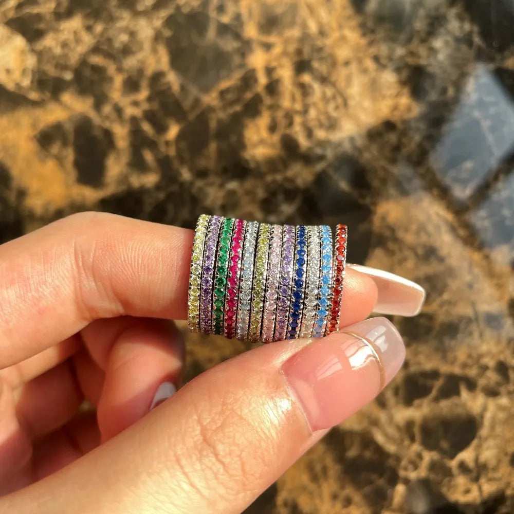 Fine Jewelry 5A CZ 925 Sterling Silver Rings Icy Colored Rainbow Diamond Ring Dainty Micro Paved Eternity Tennis Rings
