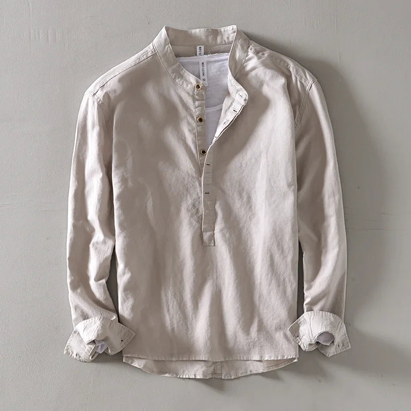 New Fashion Spring Autumn Men Long Sleeve T-shirt Clothes for Men Mandarin Collar Loose Casual Solid Cotton Linen Men Shirt