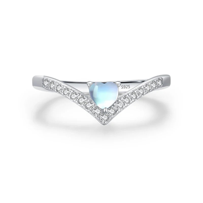 925 Sterling Silver Rhodium Plated Heart Shaped Moonstone Ring Retro Hollow Design Women's Jewelry 2.925 Sterling Silver Rings