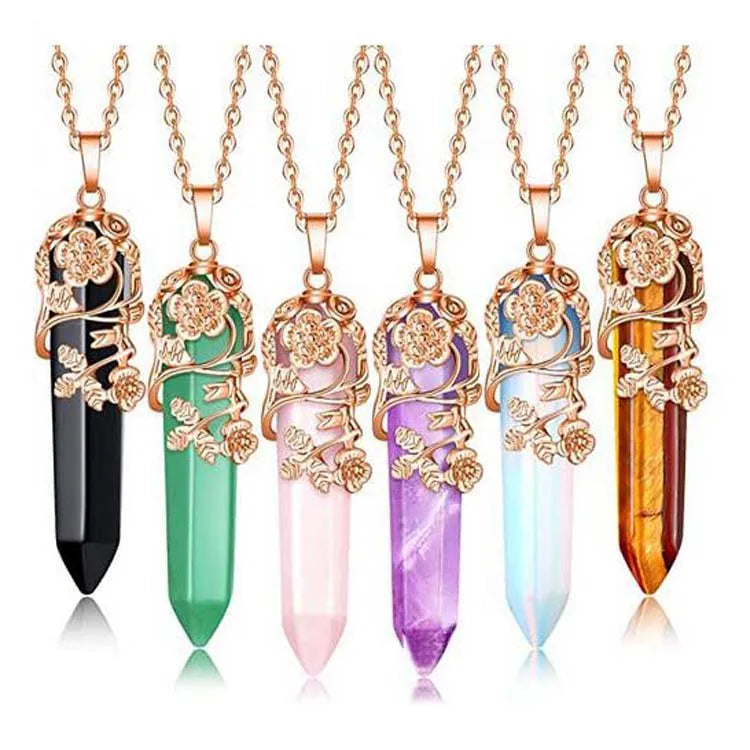 Stainless Steel Jewelry Natural Stone Healing Crystals Quartz Rose Gold Plated Bullet Hexagonal Cone Agate Pendant Necklace