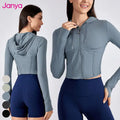 Janya Women's Slim Thin Gym Fitness Jackets Long Sleeve Hoodie Thumb Hole Running Sports Full Zip Yoga Jacket Breathable Printed