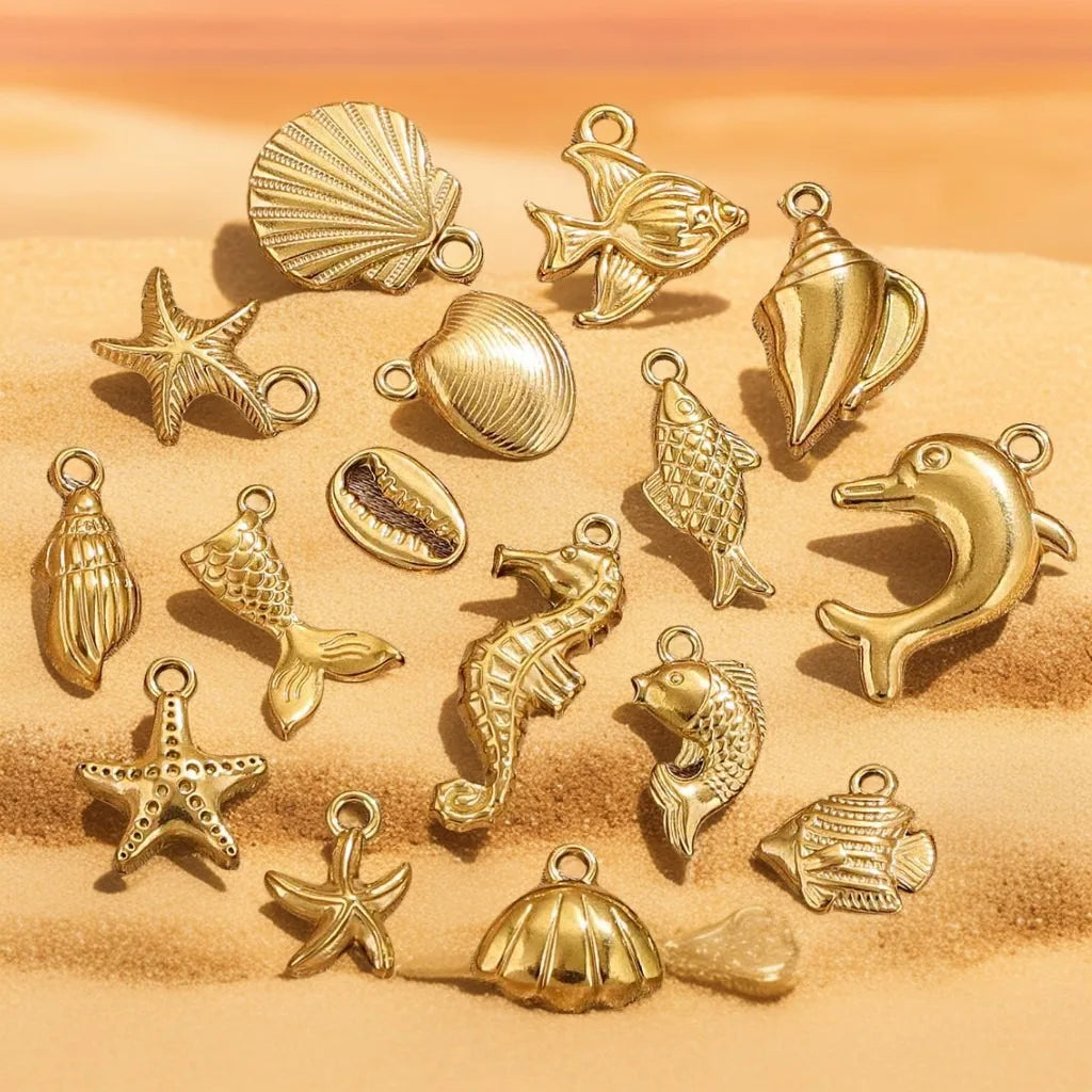 Summer Beach Sea Animal Life Collection Gold Plated Stainless Steel Charm Pendants-Shell Dolphin Starfish for Weddings