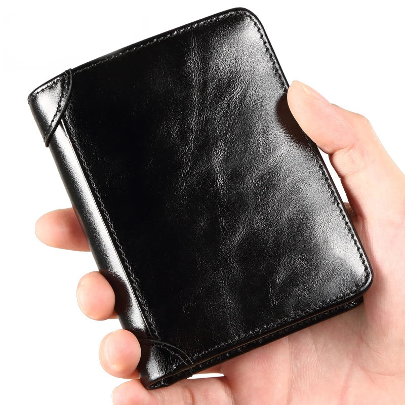 Great Capacity Men's Genuine Leather Bifold Wallet with RFID Card Slot and Open Closure Short Wallet Featuring an ID Window