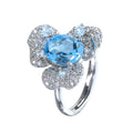 Elegant Rhodium Plated 925 Silver Jewelry Natural Swiss Blue Topaz Flower Ring for Women Wedding Party or Anniversary Jewelry