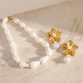 G3811 Wholesale Vintage Baroque Shell Pearl Chokers Necklace PVD 18K Gold Plated Stainless Steel Flower Pearls Studs Earrings