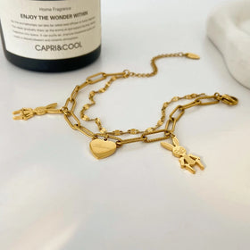 Stacked Rabbit Love Pendant Bracelet Fashion Jewelry Stainless Steel 18K Gold Retro Bracelet for Women