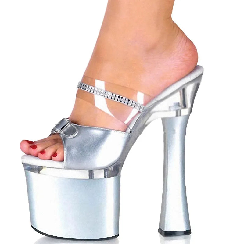 Summer fashion new thick heel 18 cm Club fashion thick bottom platform high-heeled slippers silver leaky toe high-heeled sandals