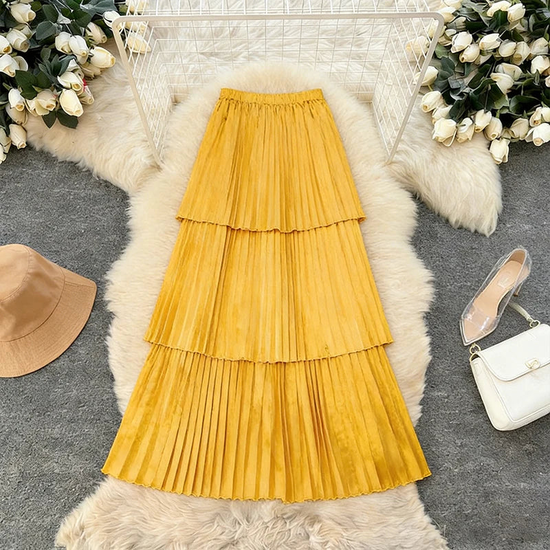 Wholesale Elegant Women's Yellow Satin Skirts Elastic Waist Long Layered Apparel Adults Breathable Polyester Woven Fabric Pleats