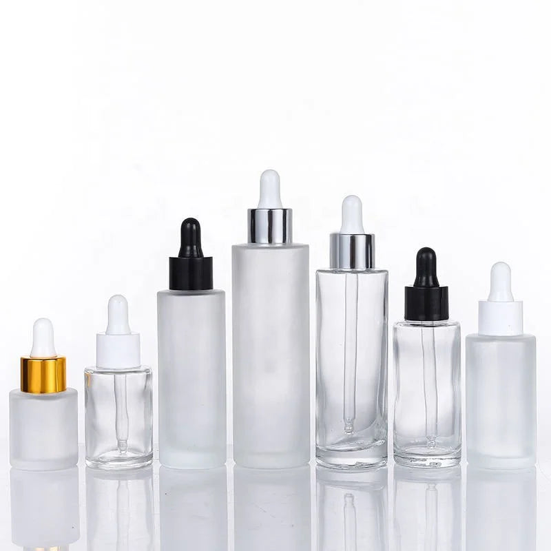 Flat Shoulder Clear/Frosted Glass Essential Oil Bottles Gold/Silver/Black/White Cap Aromatherapy Serum Dropper Bottle Eye Drops