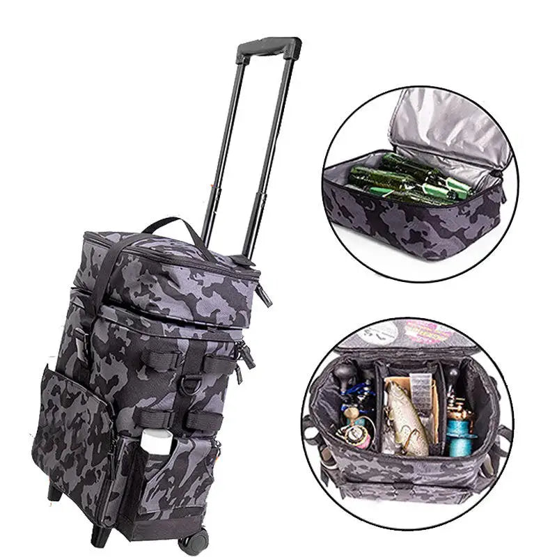 Multi-functional Outdoors Large Capacity Rolling Tackle Box Backpack Waterproof Fishing Backpack with Wheels