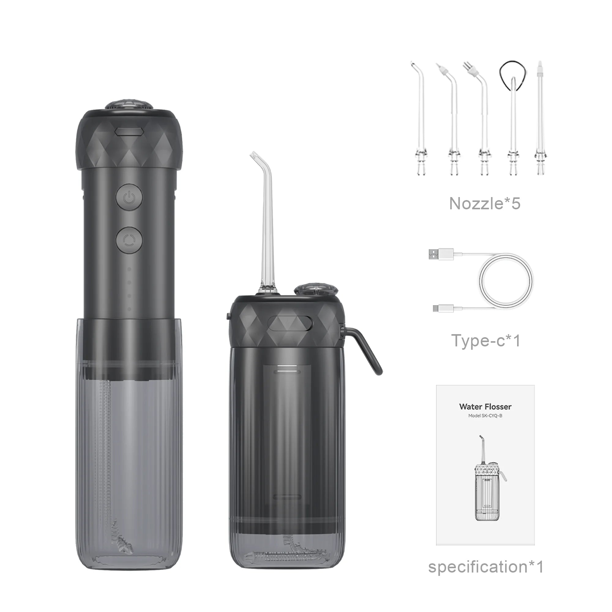 SIILLK Top-Rated Black Rechargeable 2-Way Water Flosser Dental Irrigator 50-130PSI Pressure IPX7 Teeth Whitening Accessory