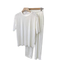 M-5XL  Summer Suit  Ice Silk Loose Set Striped Pleated Short Sleeved T-shirt