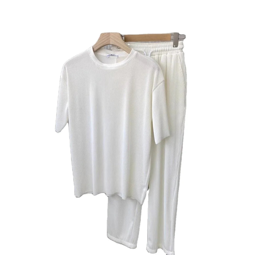 M-5XL  Summer Suit  Ice Silk Loose Set Striped Pleated Short Sleeved T-shirt