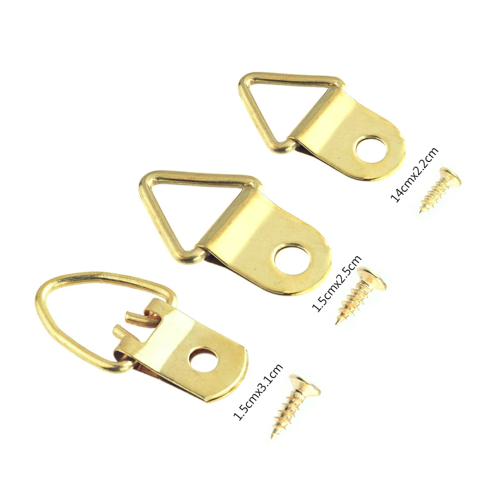 50pcs Golden Triangle D-Ring Strap Art Hanger Work Hanging Photo Wall Hook Screws for Oil Painting Mirror Picture Frame Picture