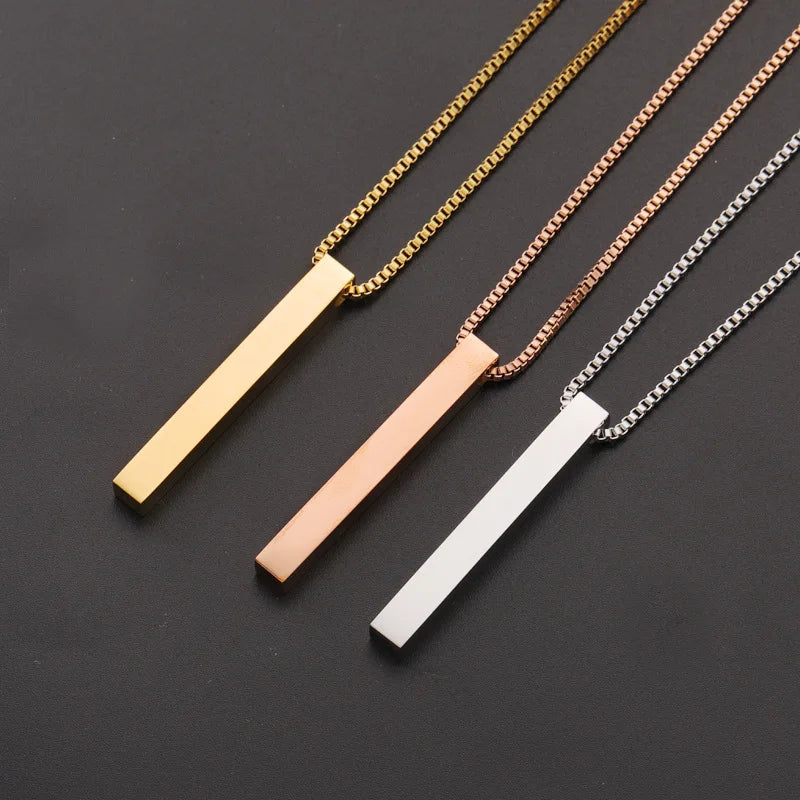 High Polished Box Chain Gold/Rose Gold/Silve Engravable Laserable Stainless Steel Blank Cuboid Pendant Jewelry Bar Necklace