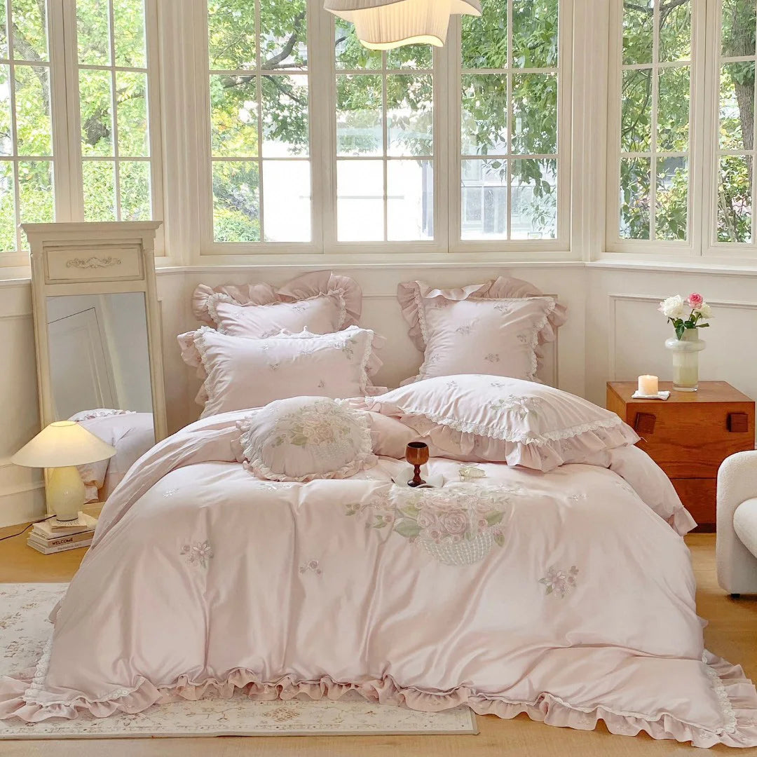 Customizable Rose Embroidery pink Duvet Cover king Size 100% Cotton Adult Bed Sheets Bedding Set Supplier
