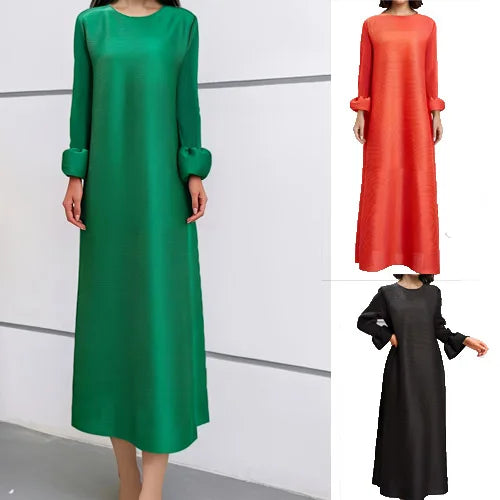 Miyake 2024 Women's Elegant Casual Pleated Dress Neck Long Sleeve Anti-Wrinkle Floor-Length Party Clothes Woven Weaving Method