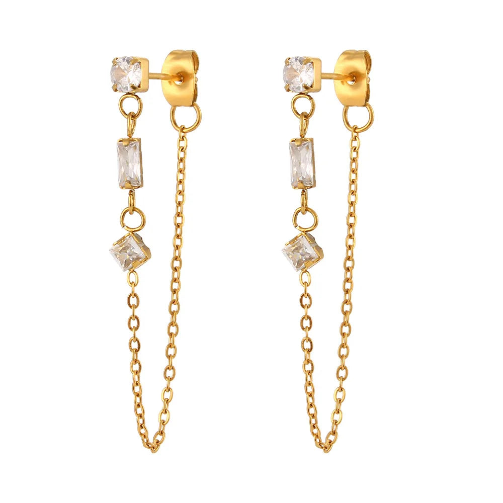 2022 Factory Popular Tassel Jewelry Stainless Steel Earrings Personality Square Zircon Chain Earrings for Women Girls