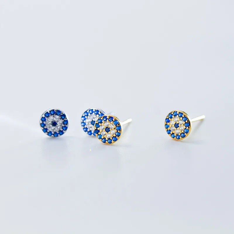 Fashion 925 Sterling Silver Small Earrings Devil's Eye Round Full Diamond Blue White Zircon Gold Plated Stud Earrings Women