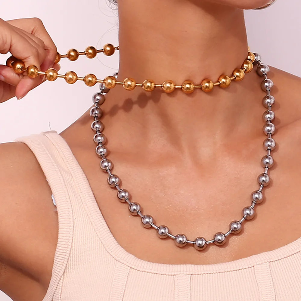 Stainless Steel 10mm Ball Necklace Unisex 18K Gold Plated Waterproof Fashion Hip Hop Geometric Beaded Party Long Necklace