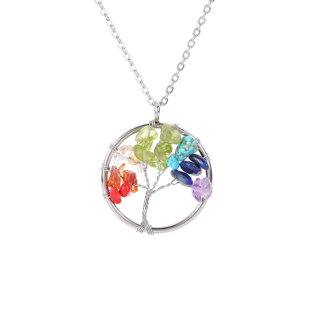 Hongzhuo Hot Sale 7 Chakra Rainbow Mix Stones Tree of Life Natural Tumbled Gemstone Wire Wrapped Pendant Necklace Jewelry Jewelry
