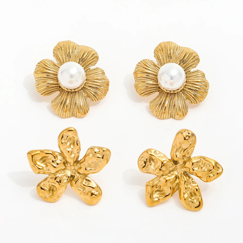 JOOLIM High End 18K PVD Gold Plated Pearl Vintage Large Big Flower Vintage Stainless Steel Stud Earring Fashion Jewelry