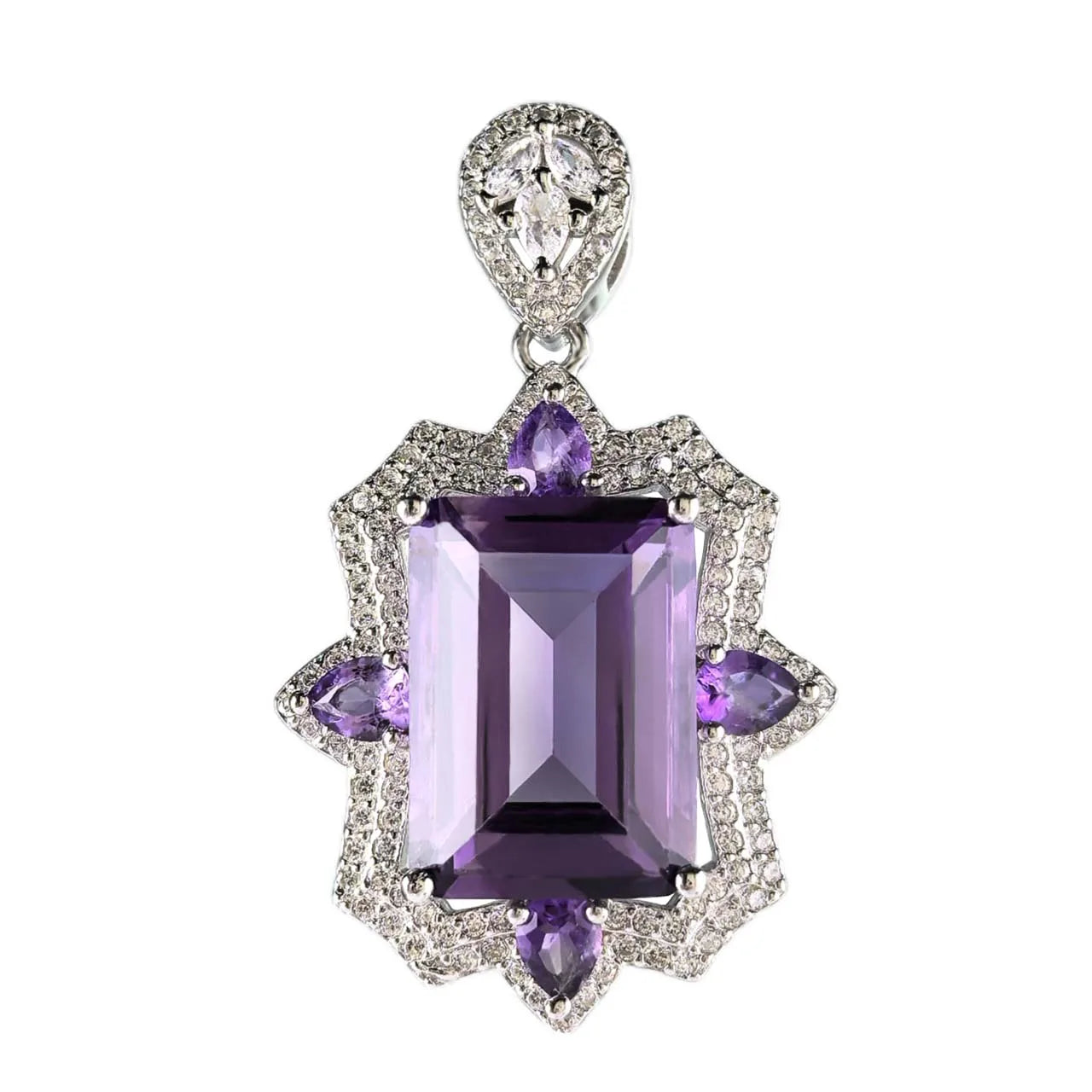 Tasteful Rhodium Plated 925 Silver Natural Amethyst Pendant for Women Fine Emerald Cut Charm Pendants for Parties