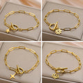 Myshape Stainless Steel Gold Color Bracelet for Women Geometric Star Lotus Flower Charm Toggle Clasps Paperclip Chain Trendy
