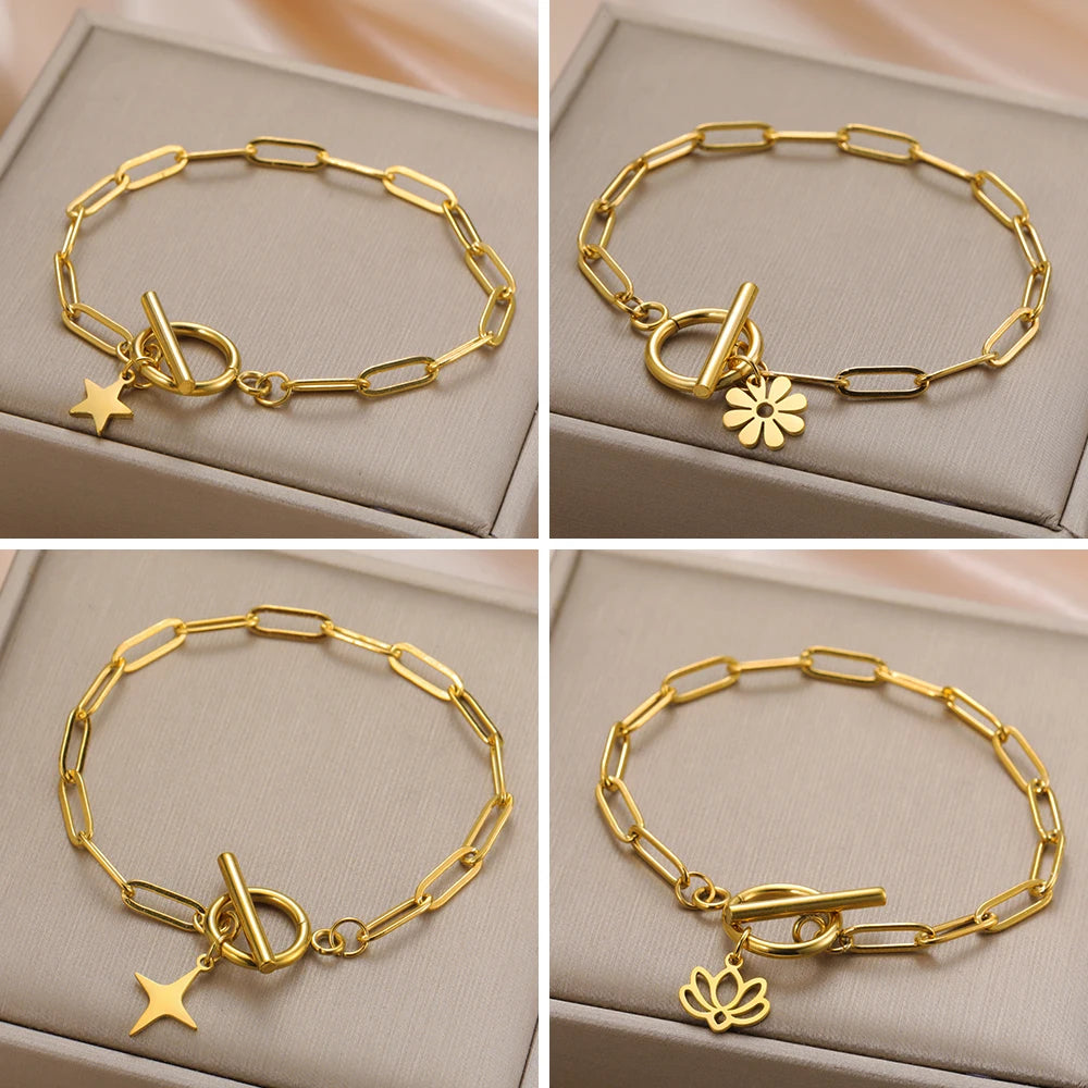 Myshape Stainless Steel Gold Color Bracelet for Women Geometric Star Lotus Flower Charm Toggle Clasps Paperclip Chain Trendy