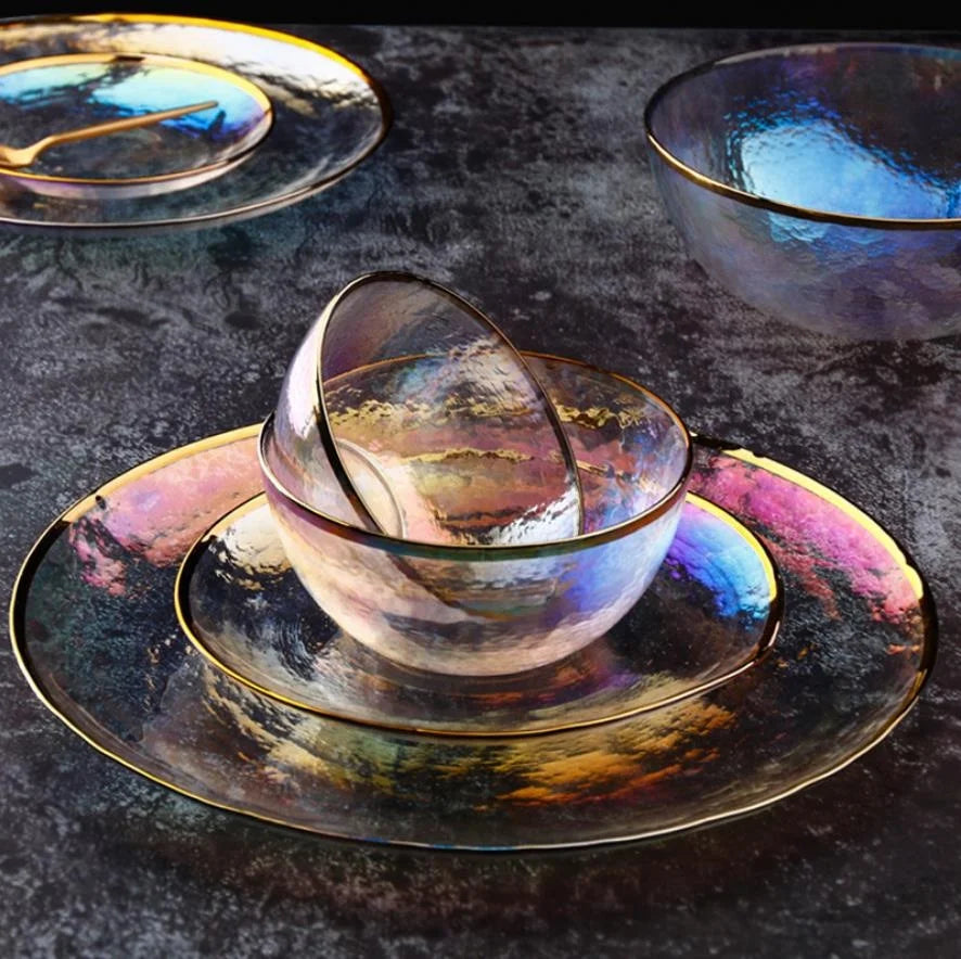 Wholesale High Quality Colored Gold Rim Glass Charger Plates Dinner Bowls Set Eco-Friendly Tableware for Restaurant Household