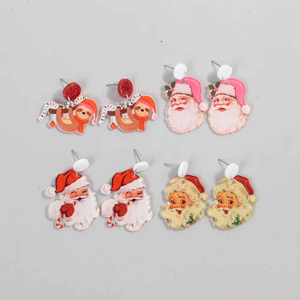New 2024 Simple Print Christmas Jewelry Cute Santa Pink Santa Hat Red Scarf Koala Animal Student Gift Acrylic Drop Earrings
