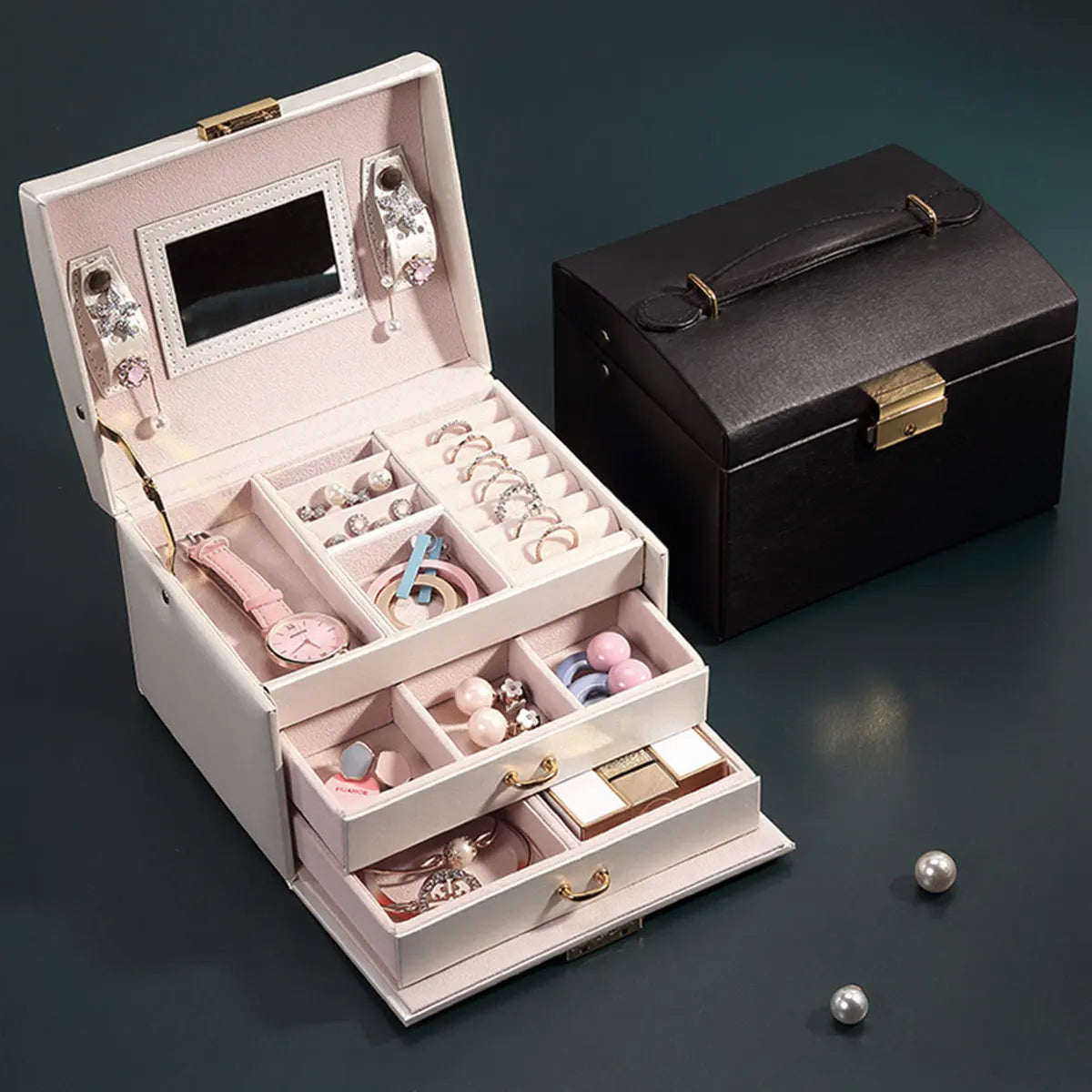 Wholesale Luxury Large Jewellery Storage Case Big 3 Layer Drawer Mirror Pu Leather Organizer Suitcase Jewelry Box with Handle