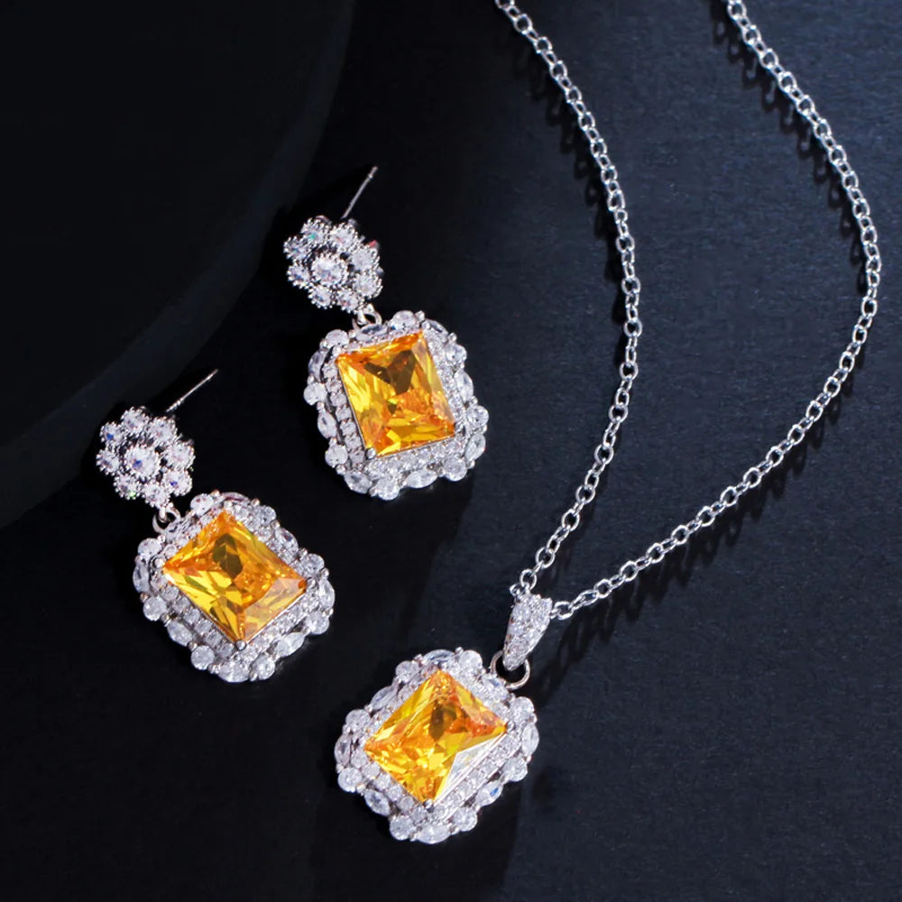 Shining Yellow Square Cubic Zirconia Flower Fashion Jewelry Set Drop Earring Chain Link Necklace for Women Daily Seaside Style