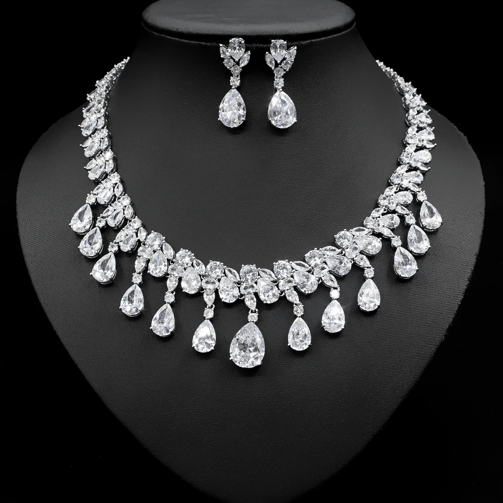 Large Luxury Statement Bridal Diamond Jewelry 3pcs Sets Multi Pear Teardrop Dangle AAA Zirconia Women Wedding Jewelry Set