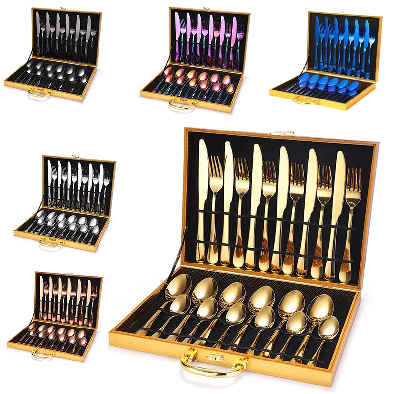 Wholesale 24pcs Stainless Steel Cutlery Set Elegant Flatware Gold Stainless Steel Handle Flatware Sets for Wedding